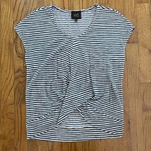 W5 Navy Blue and Tan Striped Short Sleeve Top Draped Front Women’s Small